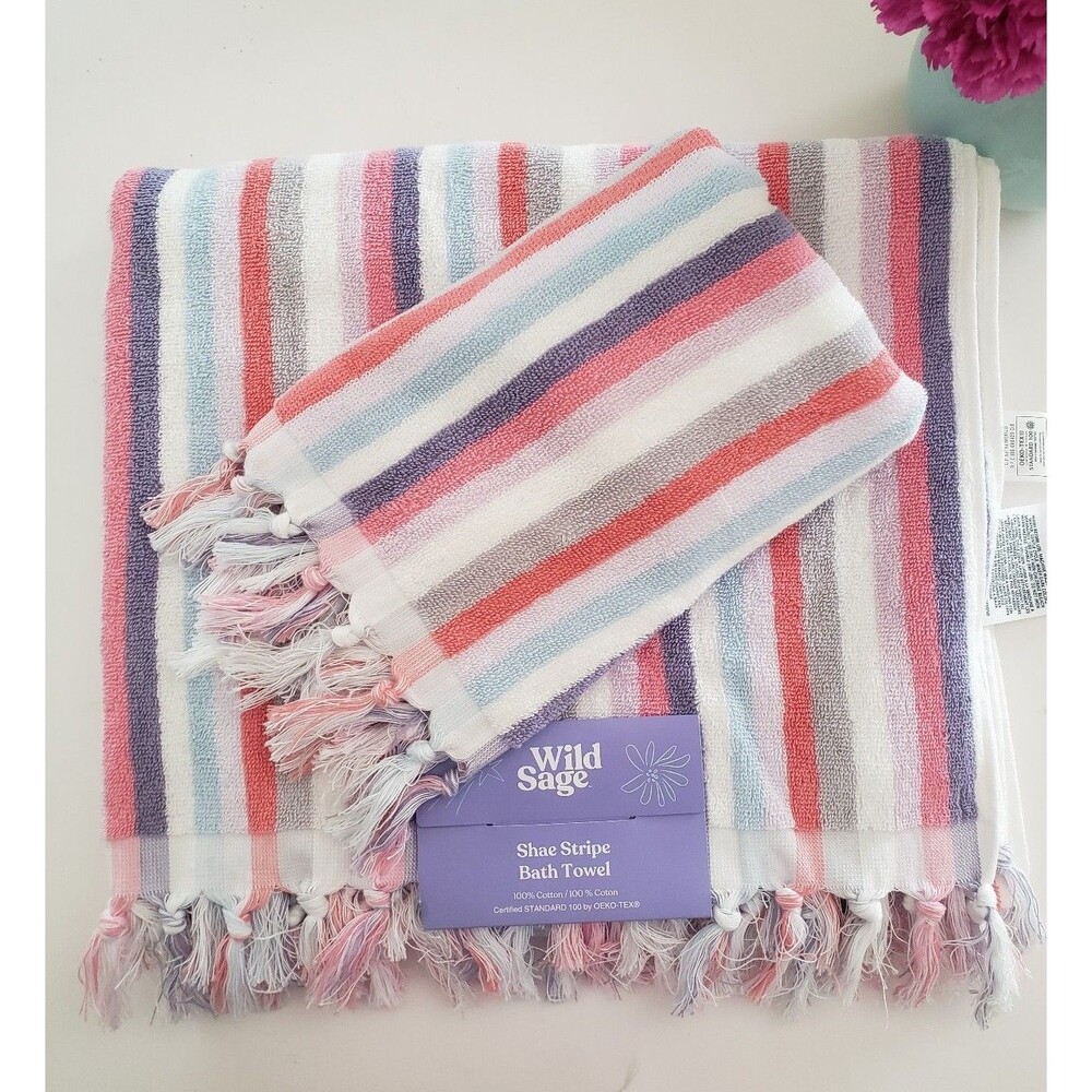 Wild Sage Shae Stripe Bath Towel Set 100% Cotton - Bath and Hand Towel NWT